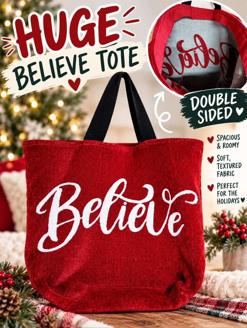Believe Double-Sided Holiday Tote Bag